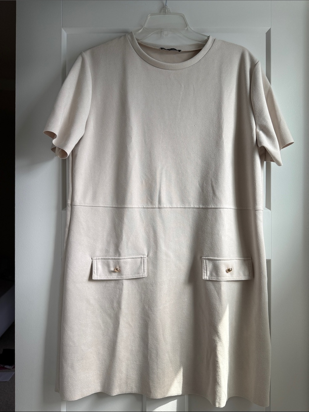 Zara Cream Short-Sleeve Shift Dress with Front Flap Pockets
